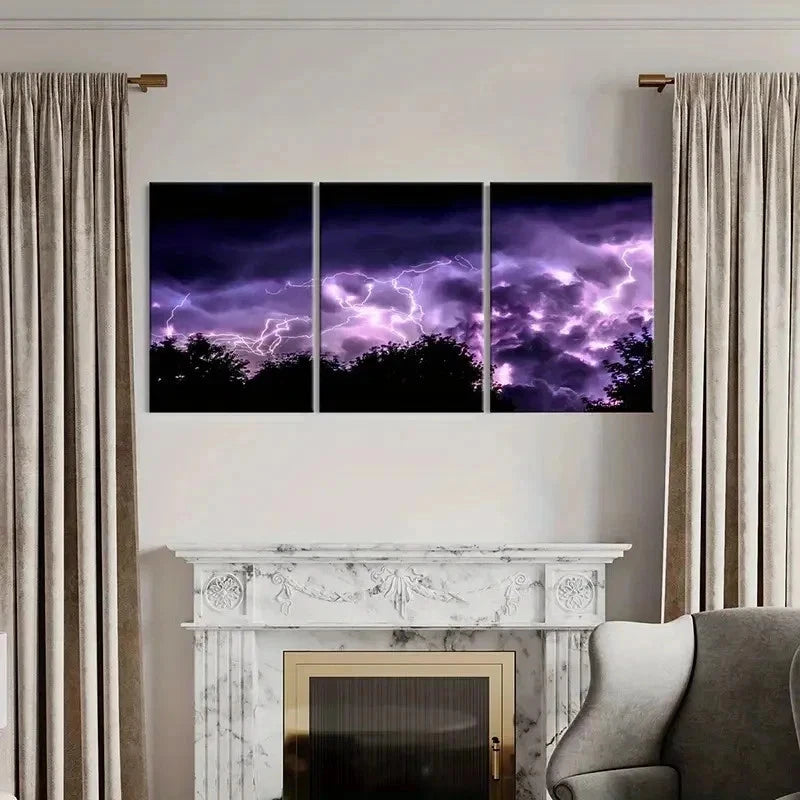 3pcs Purple Lightning Thunder Weather Wall Art Set Canvas Framed 40x60cm - High Quality Print 100% Australian Made Wall Canvas Ready to Hang