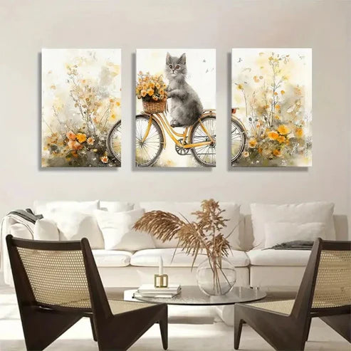 3pcs Whimsical Cat Bicycle Vibrant Perfect Wall Art Canvas Unframed – High Quality Print 100% Australian Made Wall Canvas