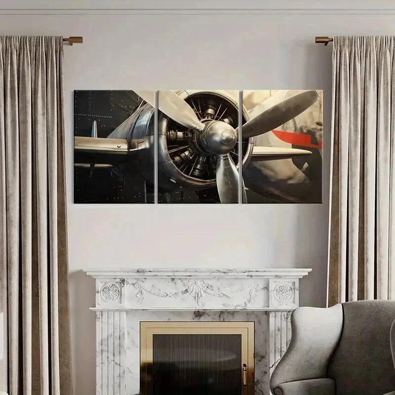 3pcs Airplane Propeller Engine Vintage Wall Art Set Canvas Framed 40x60cm - High Quality Print 100% Australian Made Wall Canvas Ready to Hang