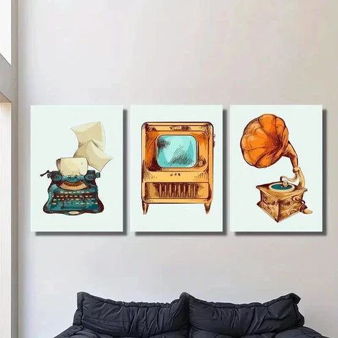 3pcs Old TV and Music Machine & Phonograph Wall Art Canvas Unframed - High Quality Print 100% Australian Made Wall Canvas