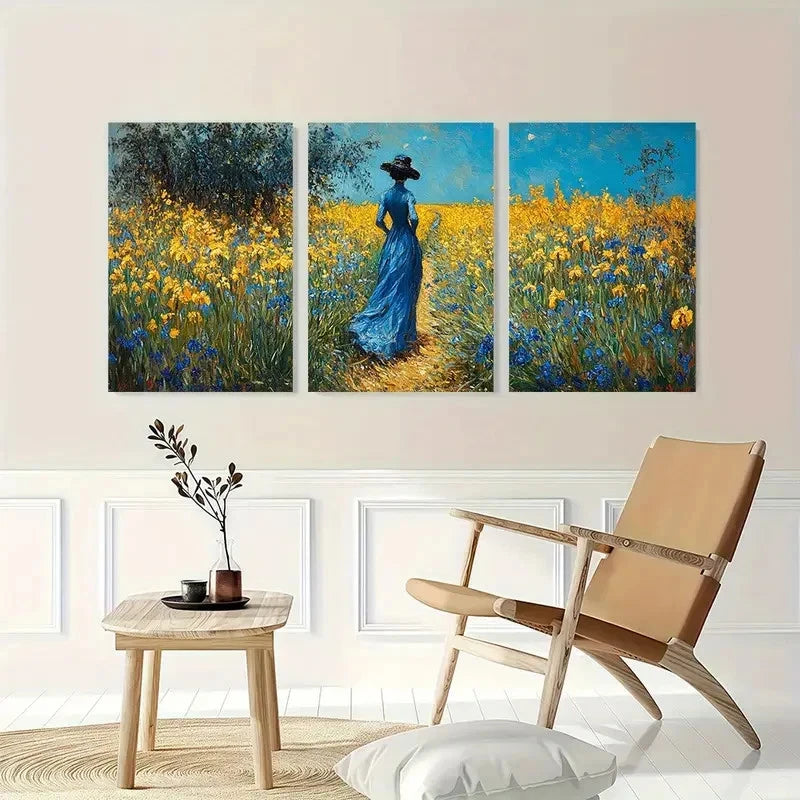 3pcs Yellow Irises In Giverny Landscape Perfect Wall Art Set Canvas Framed 40x60cm - High Quality Print 100% Australian Made Wall Canvas Ready to Hang