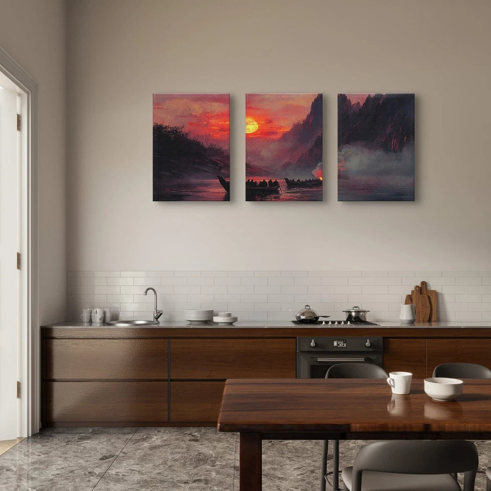 3pcs Classical Sunset River Boats Painting Wall Art Set Canvas Framed 40x60cm - High Quality Print 100% Australian Made Wall Canvas Ready to Hang