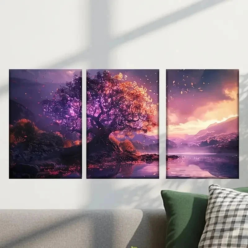 3pcs Tree with a Purple Sky and a Lake Wall Art Set Canvas Framed 40x60cm - High Quality Print 100% Australian Made Wall Canvas Ready to Hang