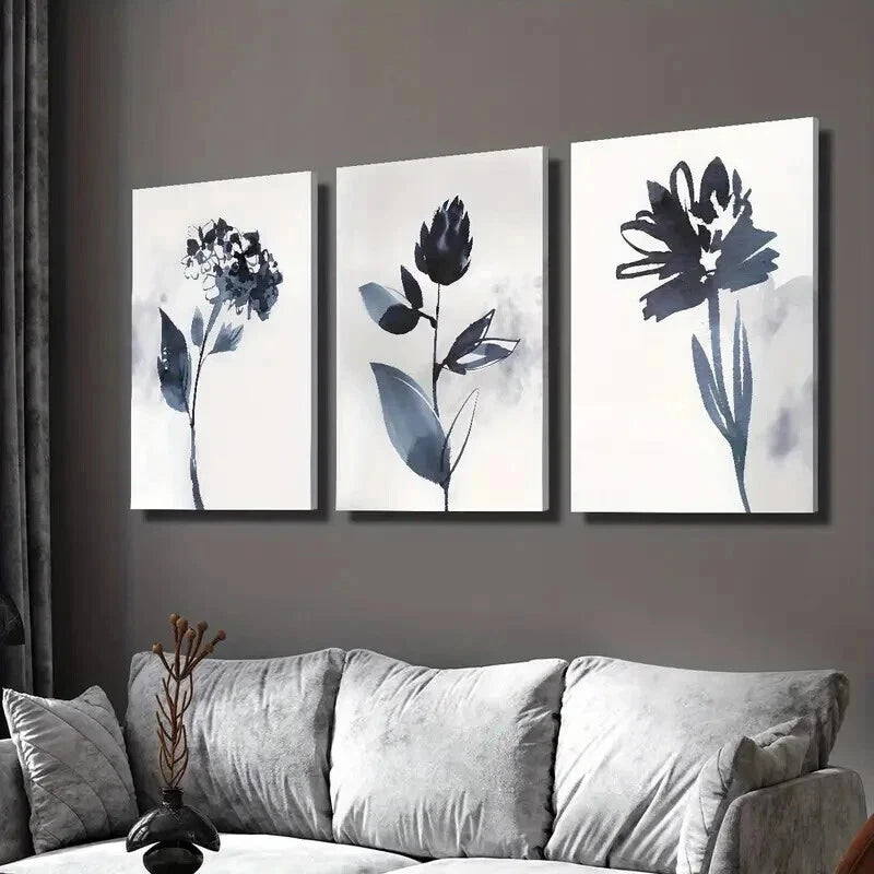 3pcs Classic Modern Blue Floral Painting Wall Art Set Canvas Framed 40x60cm - High Quality Print 100% Australian Made Wall Canvas Ready to Hang