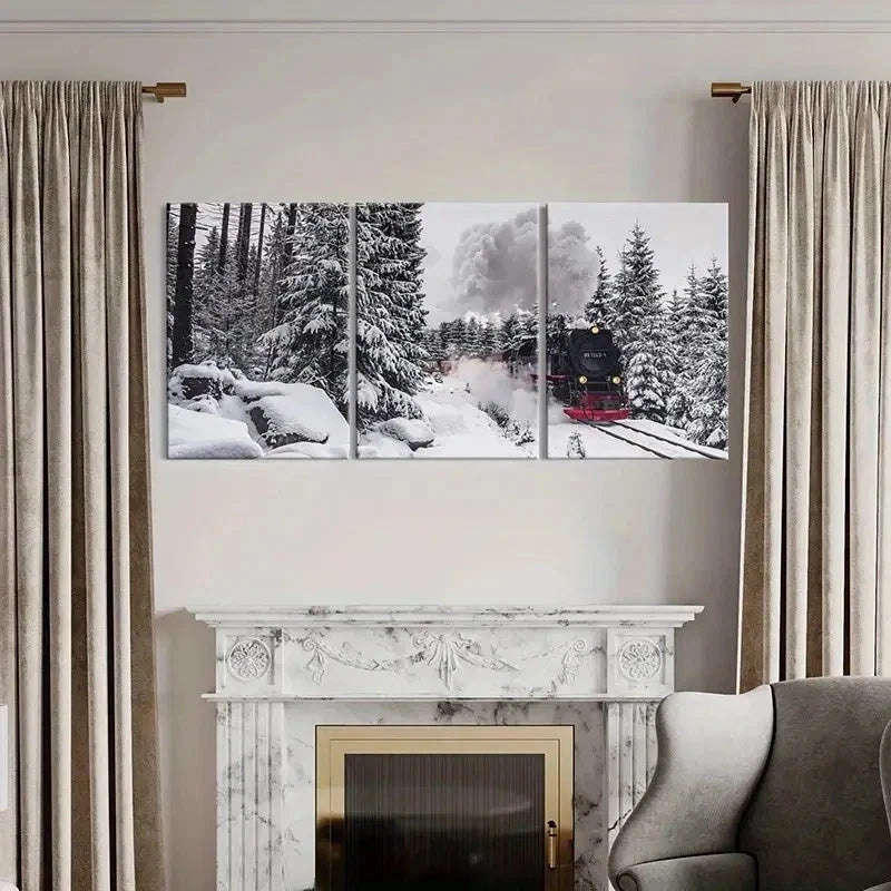 3pcs Forest Railway Snow Scene Steam Train Wall Art Set Canvas Framed 40x60cm - High Quality Print 100% Australian Made Wall Canvas Ready to Hang