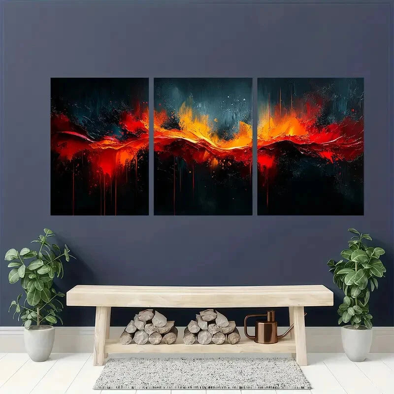 3pcs Vibrant Red Orange & Blue Brushstroke Wall Art Set Canvas Framed 40x60cm - High Quality Print 100% Australian Made Wall Canvas Ready to Hang