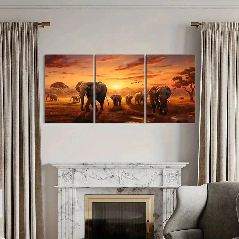 3pcs African Elephant in a Grassland During Sun Wall Art Set Canvas Framed 40x60cm - High Quality Print 100% Australian Made Wall Canvas Ready to Hang
