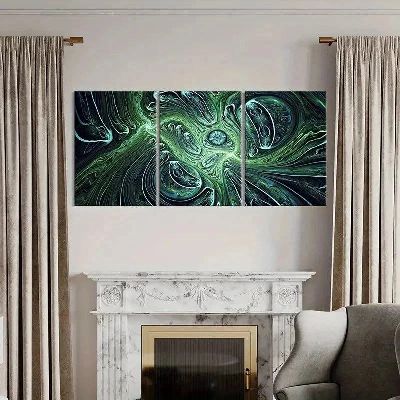 3pcs Green Swirl Modern Abstract Psychedelic Wall Art Set Canvas Framed 40x60cm - High Quality Print 100% Australian Made Wall Canvas Ready to Hang