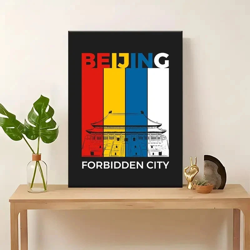 Beijing Forbidden City ed Yellow White Colors Travel Poster Print Wall Art