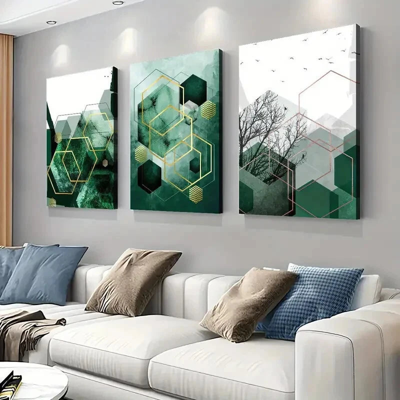 3pcs Geometric Abstract Green Copper Perfect Wall Art Set Canvas Framed 40x60cm - High Quality Print 100% Australian Made Wall Canvas Ready to Hang