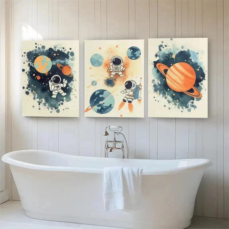 3pcs Playful Astronauts in Space Color Perfect Wall Art Set Canvas Framed 50x70cm - High Quality Print 100% Australian Made Wall Canvas Ready to Hang