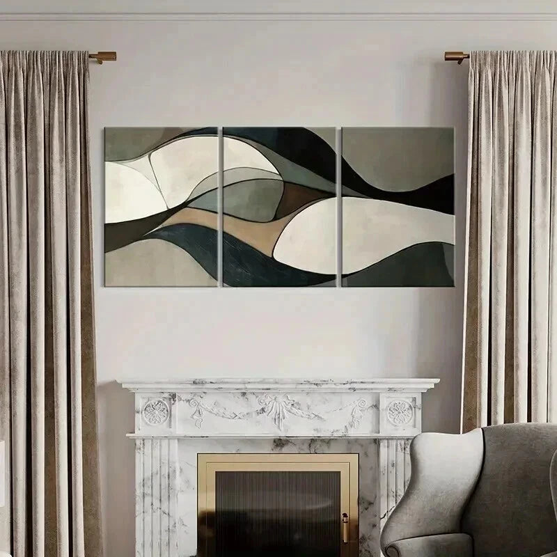 3pcs Abstract Wavy Flowing Lines Neutral Colors Wall Art Set Canvas Framed 40x60cm - High Quality Print 100% Australian Made Wall Canvas Ready to Hang