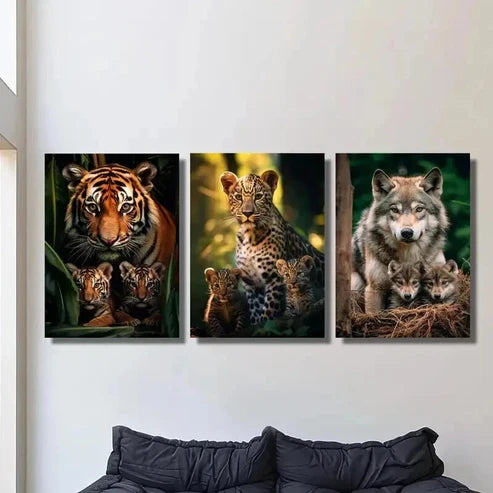 3pcs Vibrant Tiger Leopard & Wolf Family Wall Art Canvas Unframed – High Quality Print 100% Australian Made Wall Canvas