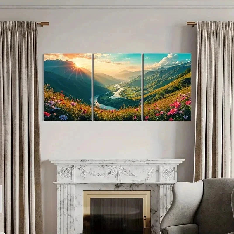 3pcs Valley Under Sunset Nature Scenery Wall Art Set Canvas Framed 40x60cm - High Quality Print 100% Australian Made Wall Canvas Ready to Hang