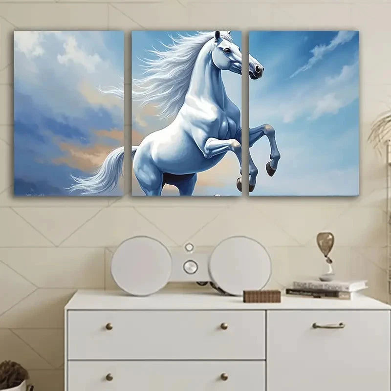 3pcs White Horse Running Abstract Art Wall Art Set Canvas Framed 60x90cm - High Quality Print 100% Australian Made Wall Canvas Ready to Hang