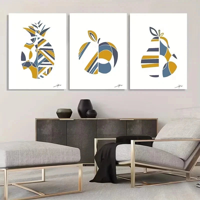 3pcs Mustard Yellow and Blue Geometric Fruit Wall Art Set Canvas Framed 60x90cm - High Quality Print 100% Australian Made Wall Canvas Ready to Hang