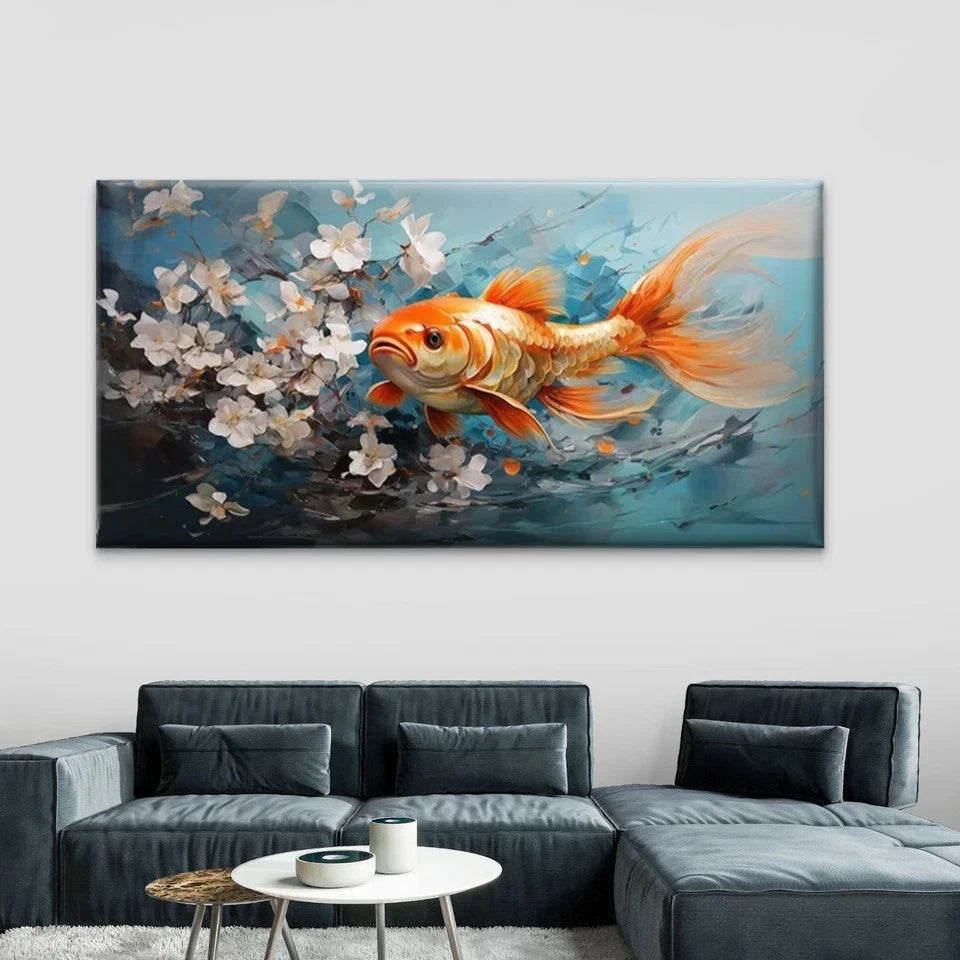 Goldenfish & White Flower Wall Art Canvas Office Home Room Framed 120x60cm