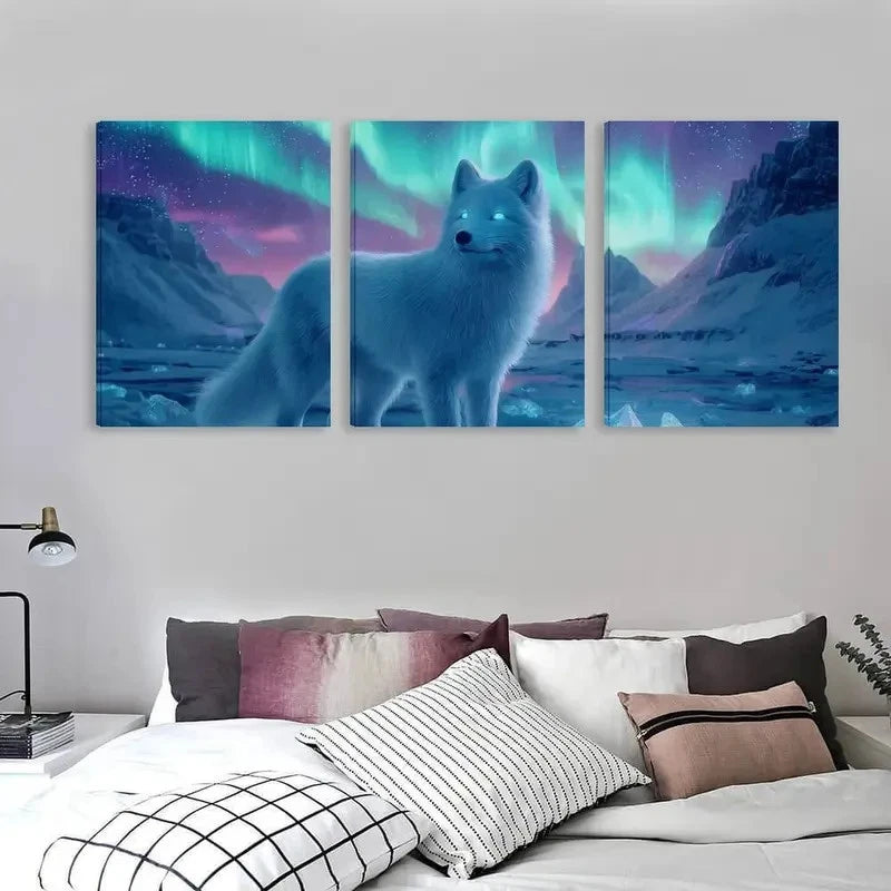 3pcs White Fox with Glowing Blue Eyes Wall Art Set Canvas Framed 60x90cm - High Quality Print 100% Australian Made Wall Canvas Ready to Hang
