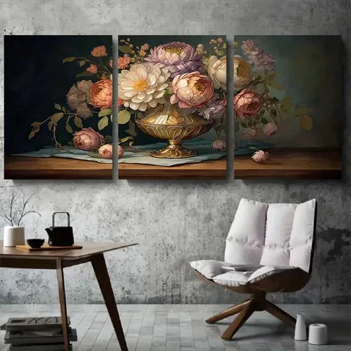 3pcs Vintage Peony Bouquet Oil Painting Wall Art Canvas Unframed - High Quality Print 100% Australian Made Wall Canvas