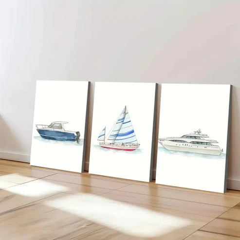 3pcs Ship Transportation Bars Designs Blue White Wall Art Set Canvas Unframed - High Quality Print 100% Australian Made Wall Canvas