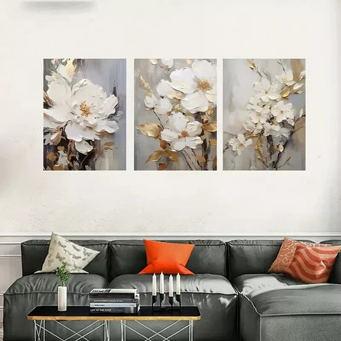 3pcs Abstract White Floral Oil Painting Wall Art Set Canvas Unframed - High Quality Print 100% Australian Made Wall Canvas