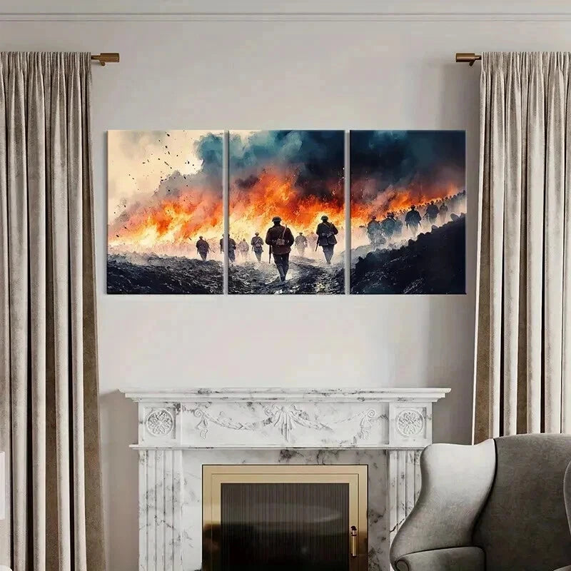 3pcs Warrior March on Fiery Battlefield Wall Art Set Canvas Framed 40x60cm - High Quality Print 100% Australian Made Wall Canvas Ready to Hang