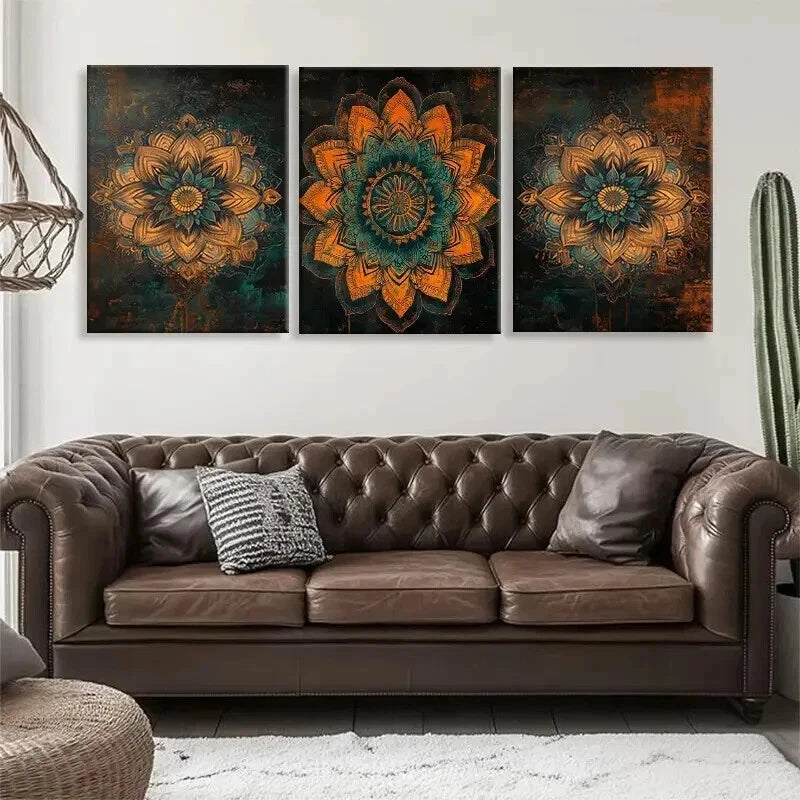 3pcs Mandala Flower Floral Mandala Teal Perfect Wall Art Set Canvas Framed 50x70cm - High Quality Print 100% Australian Made Wall Canvas Ready to Hang