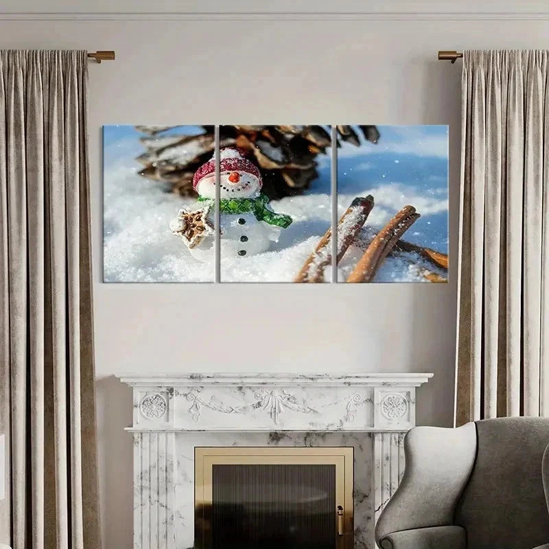 3pcs Winter Christmas Decoration Snowman Wall Art Set Canvas Framed 40x60cm - High Quality Print 100% Australian Made Wall Canvas Ready to Hang