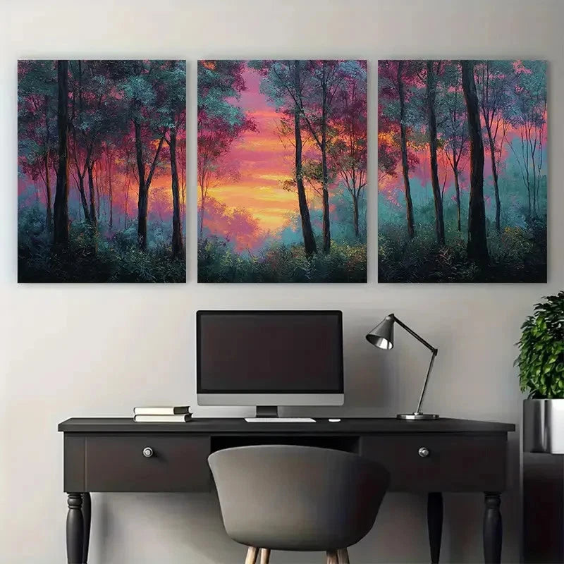 3pcs Forest Sunset High Tree Forest Perfect Wall Art Set Canvas Framed 40x60cm - High Quality Print 100% Australian Made Wall Canvas Ready to Hang