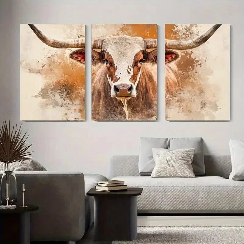 3pcs Rustic Longhorn Cow Décor Modern Perfect Wall Art Set Canvas Framed 40x60cm - High Quality Print 100% Australian Made Wall Canvas Ready to Hang