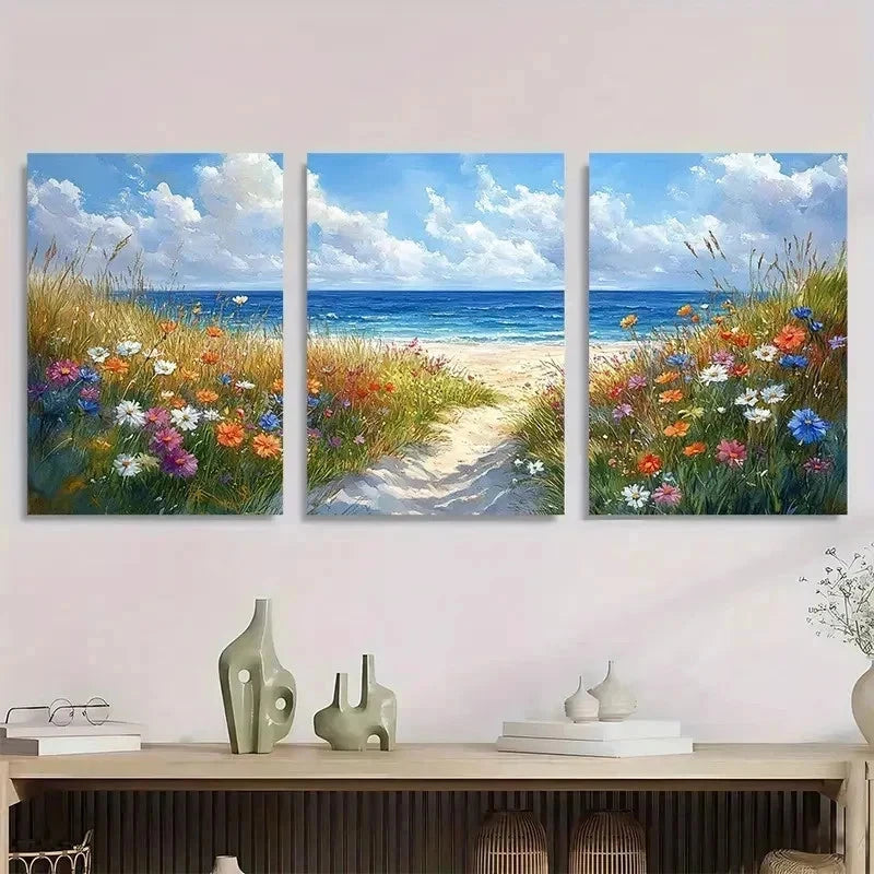 3pcs Cape Cod Watercolor Beach Scene Perfect Wall Art Set Canvas Framed 40x60cm - High Quality Print 100% Australian Made Wall Canvas Ready to Hang