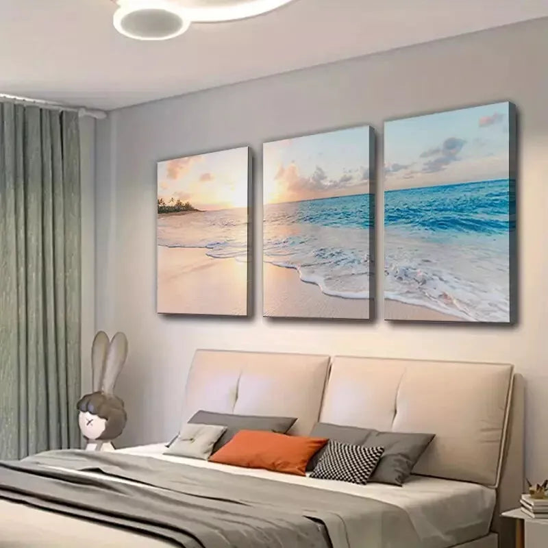 3pcs Elegant Nordic Sea & Waves at Sunrise Wall Art Set Canvas Framed 50x70cm - High Quality Print 100% Australian Made Wall Canvas Ready to Hang - Bella Home Decor