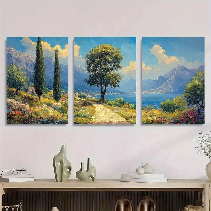 3pcs Green Tree & Mountain Landscape Perfect Wall Art Set Canvas Framed 40x60cm - High Quality Print 100% Australian Made Wall Canvas Ready to Hang