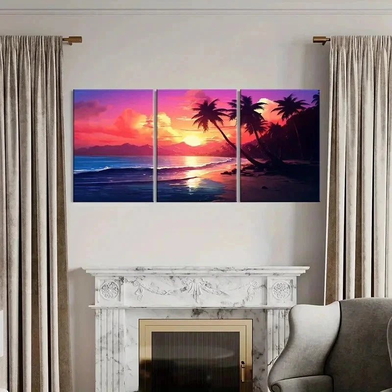 3pcs Colorful Sky Palm Trees & Ocean Waves Wall Art Set Canvas Framed 40x60cm - High Quality Print 100% Australian Made Wall Canvas Ready to Hang