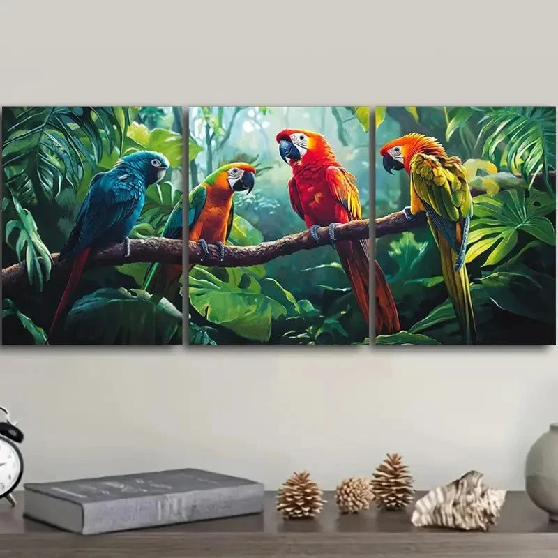 3pcs Colorful Macaws Perched in Tropical Jungle Wall Art Set Canvas Framed 50x70cm - High Quality Print 100% Australian Made Wall Canvas Ready to Hang