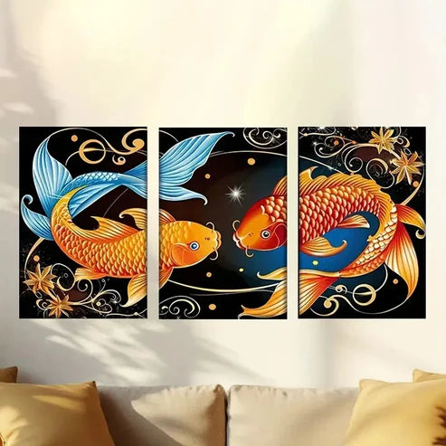 3pcs two Golden fish in black background Wall Art Set Canvas Unframed - High Quality Print 100% Australian Made Wall Canvas
