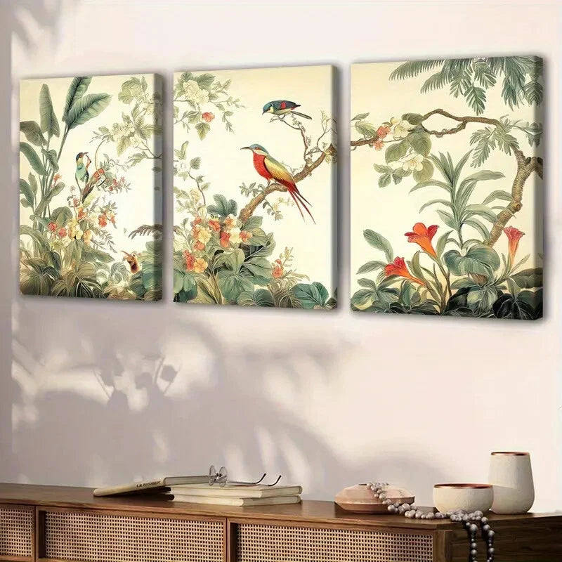 3pcs Vibrant Abstract Flowers Birds Perfect Wall Art Set Canvas Framed 40x60cm - High Quality Print 100% Australian Made Wall Canvas Ready to Hang