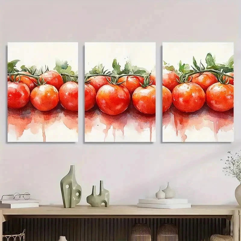 3pcs Tomato Watercolor Rustic Tomatoes Perfect Wall Art Set Canvas Framed 40x60cm - High Quality Print 100% Australian Made Wall Canvas Ready to Hang
