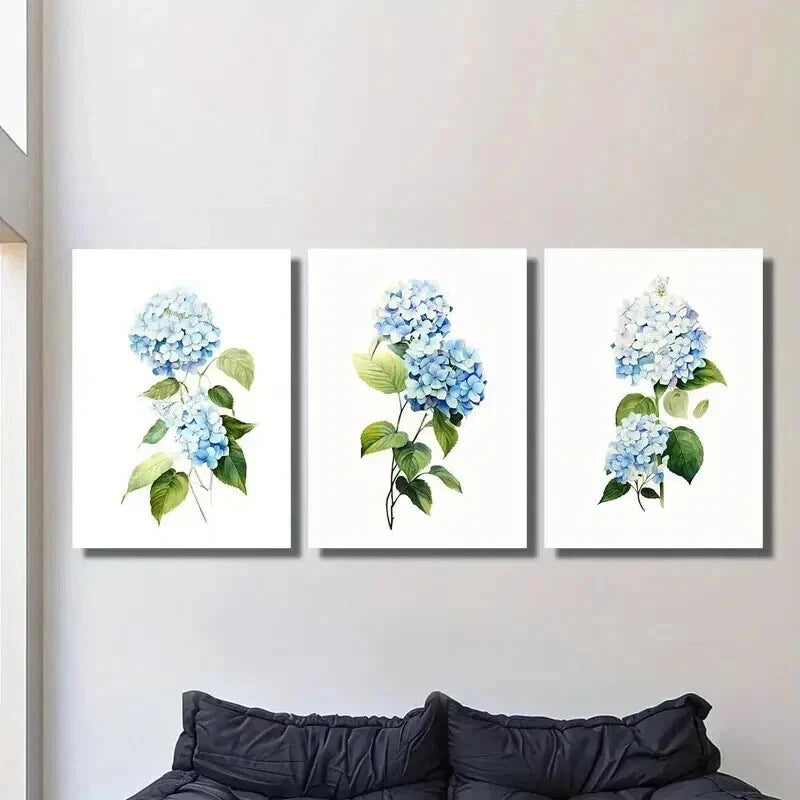 3pcs Blue Hydrangea with Green Leaves Wall Art Set Canvas Framed 40x60cm - High Quality Print 100% Australian Made Wall Canvas Ready to Hang