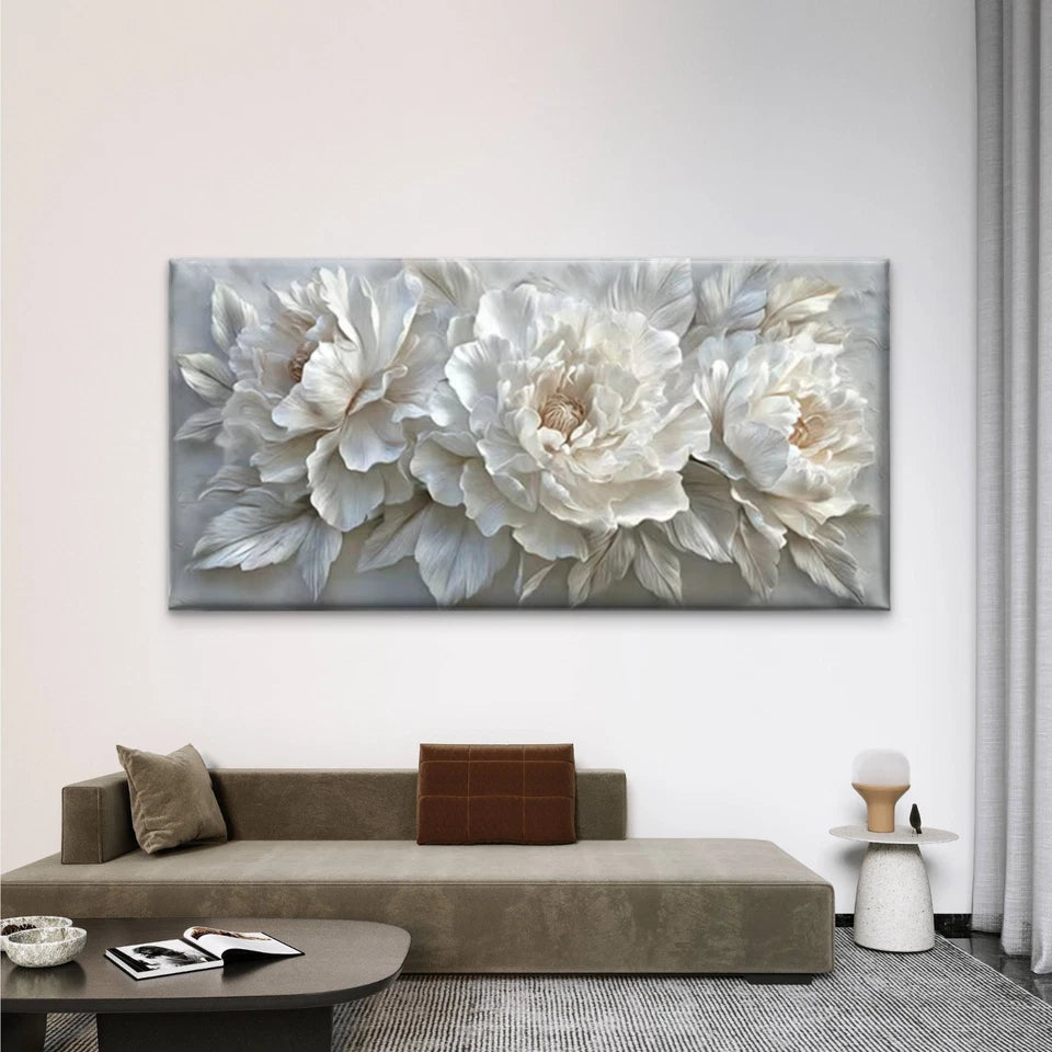 White Floral Bloom White Flower Wall Art Canvas Office Home Room Framed 120x60cm