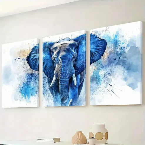 3pcs Majestic Watercolor Textured Blue Elephant Wall Art Set Canvas Framed 60x90cm - High Quality Print 100% Australian Made Wall Canvas Ready to Hang
