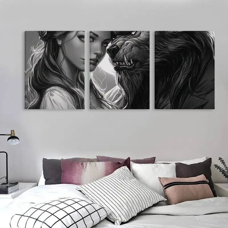 3pcs Beautiful Girl and a Werewolf Decor Wall Art Set Canvas Framed 50x70cm - High Quality Print 100% Australian Made Wall Canvas Ready to Hang