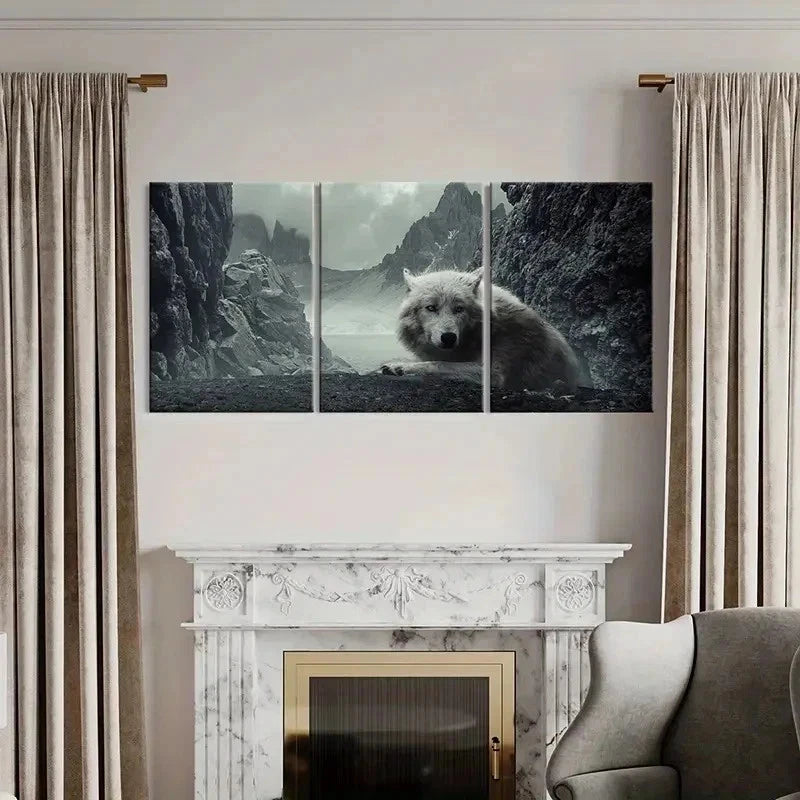 3pcs White Wolf & Mountain Landscape Wall Art Set Canvas Framed 40x60cm - High Quality Print 100% Australian Made Wall Canvas Ready to Hang