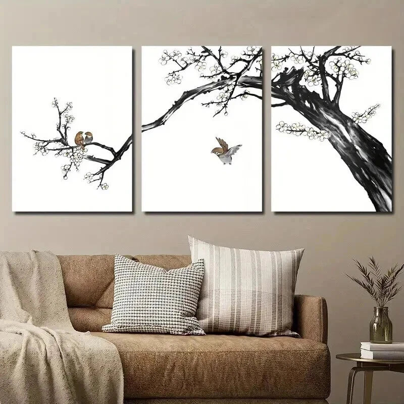 3pcs Birds And Plum Blossom Decoration Wall Art Set Canvas Framed 40x60cm - High Quality Print 100% Australian Made Wall Canvas Ready to Hang