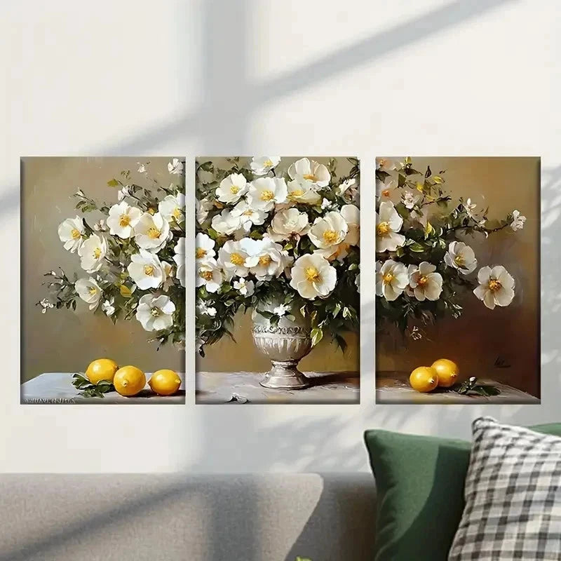 3pcs Vase of Flowers And Lemons Painting Wall Art Set Canvas Framed 40x60cm - High Quality Print 100% Australian Made Wall Canvas Ready to Hang
