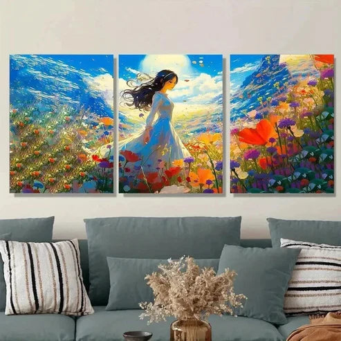 3pcs Beautiful Woman In Flower Vibrant Landscape Wall Art Set Canvas Unframed - High Quality Print 100% Australian Made Wall Canvas