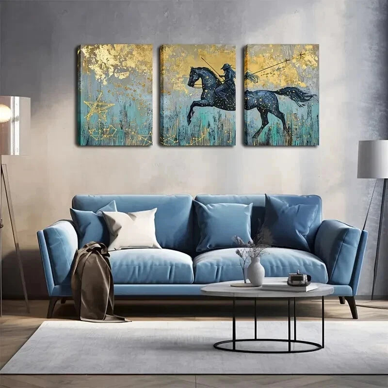 3pcs Realistic Starry Night Black Horse Perfect Wall Art Set Canvas Framed 50x70cm - High Quality Print 100% Australian Made Wall Canvas Ready to Hang
