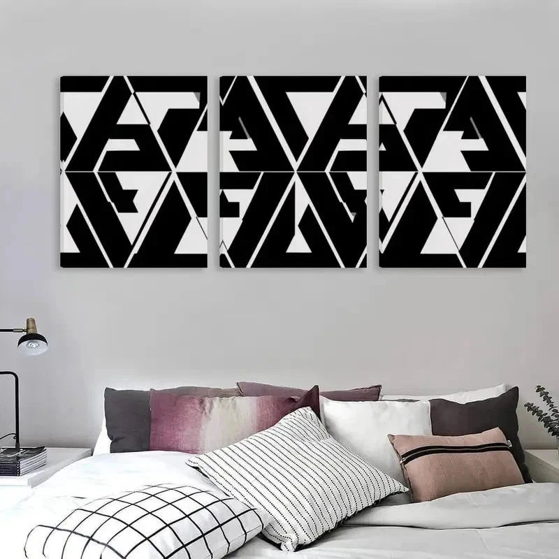3pcs Seamless Pattern Black and White Triangles Wall Art Set Canvas Framed 60x90cm - High Quality Print 100% Australian Made Wall Canvas Ready to Hang