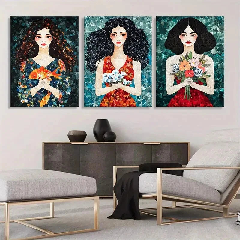 3pcs Colorful Floral Women Flowers Perfect Wall Art Set Canvas Framed 60x90cm - High Quality Print 100% Australian Made Wall Canvas Ready to Hang