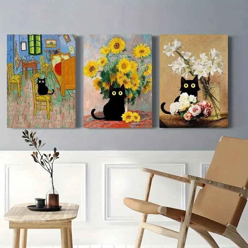 3pcs Black Cats in Famous Wall Art Set Canvas Framed 40x60cm - High Quality Print 100% Australian Made Wall Canvas Ready to Hang